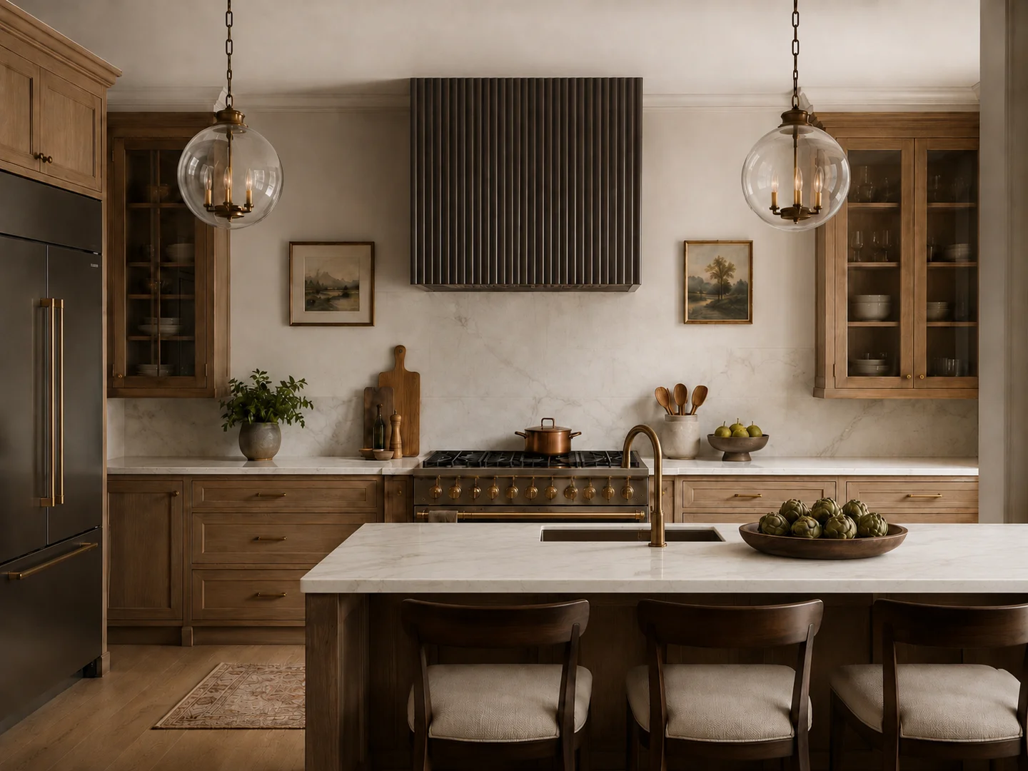 Kitchen with a range hood above the stove and a marble island