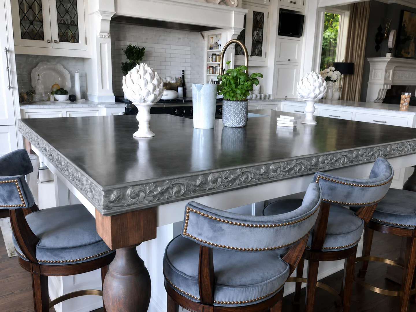 A residential kitchen countertop in zinc
